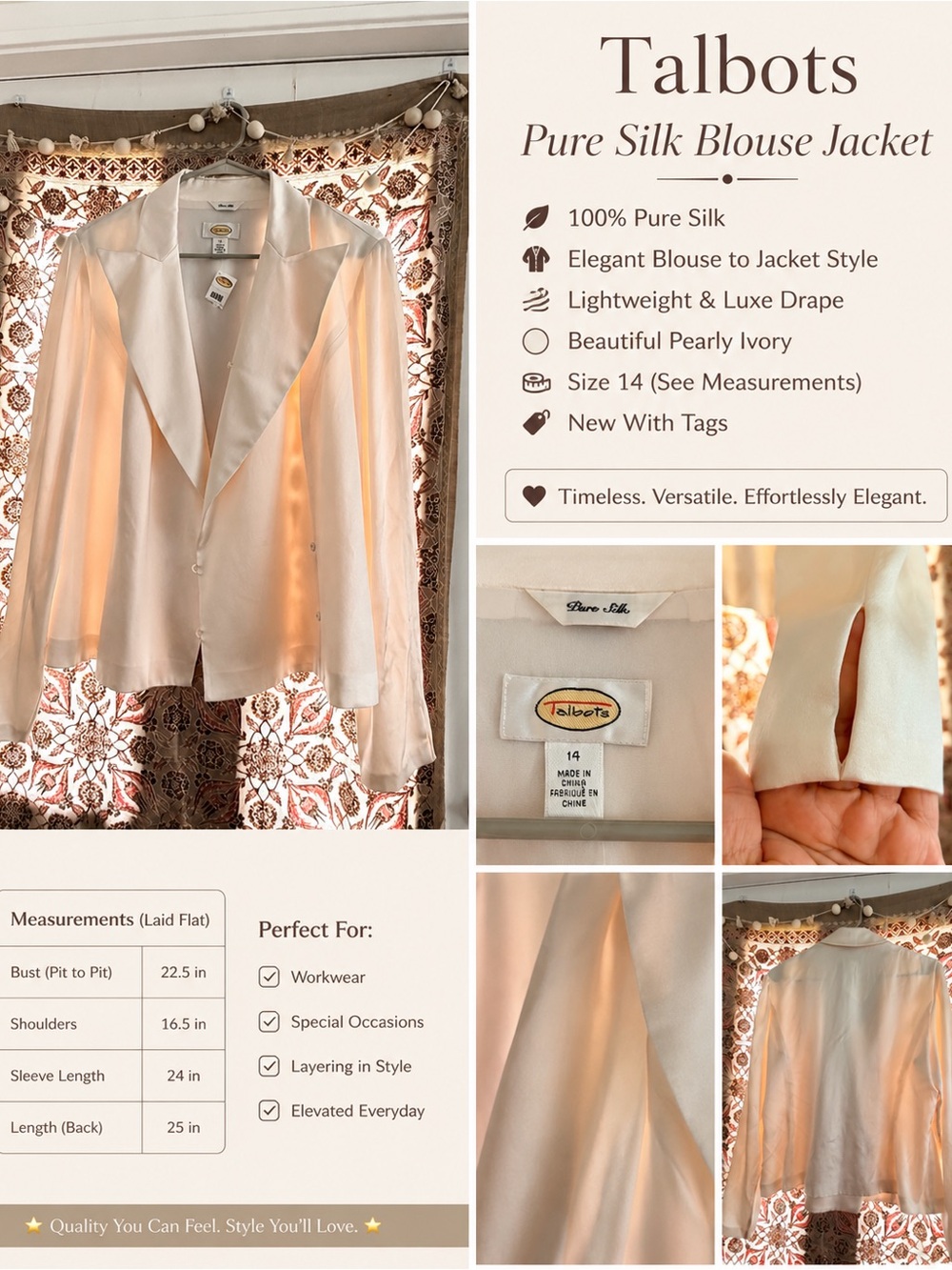 Talbots 100% Silk Ivory Blouse Jacket NWT Size 14 Elegant Minimalist